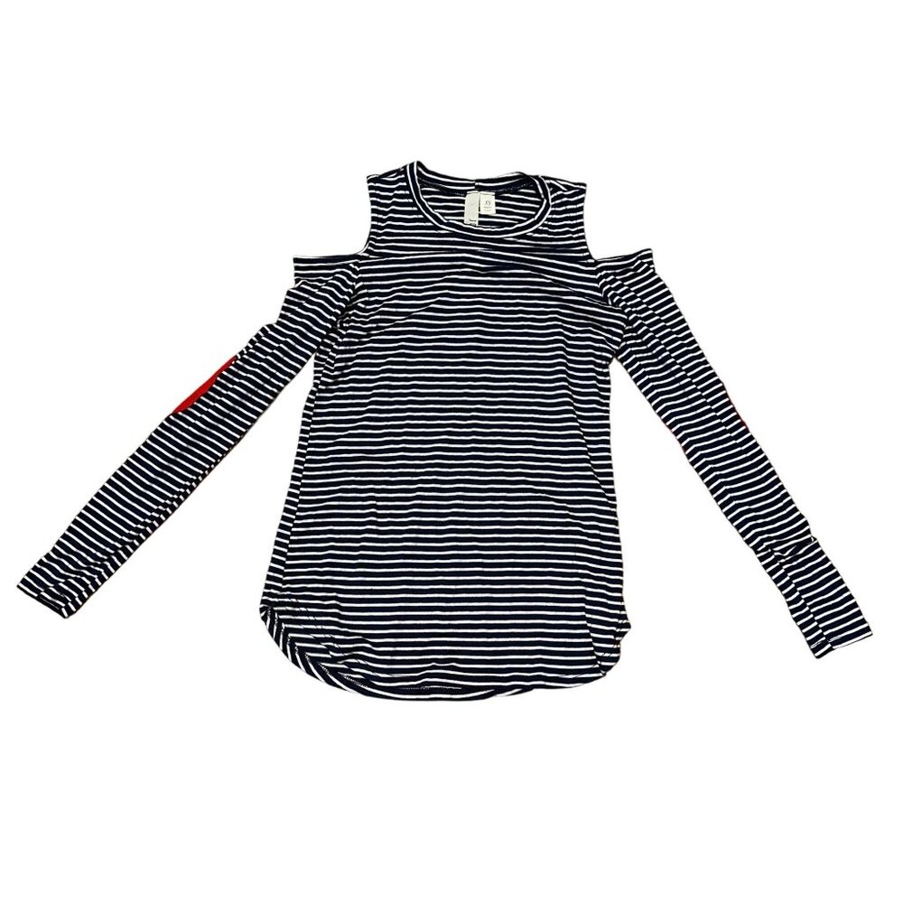 Francesca's Cold Shoulder Heart Elbow Tee Shirt Navy Blue White Stripes XS Jolie